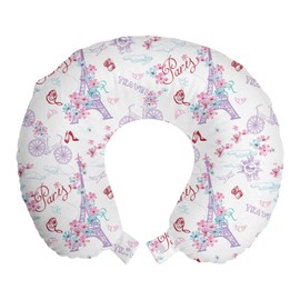 Ambesonne Romantic Travel Pillow Neck Rest, Vintage European Paris Eiffel Tower with Flowers Floral Swirls Art, Memory Foam Traveling Accessory for Airplane and Car, 12", Pale Blue Pink and White