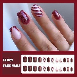 Bufenia 24 Pcs Christmas False Nails Square Snowflake Press on Nails Xmas Square Red Fake nails Acrylic Full Cover Stick on Nails for Women and Girls (K)