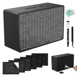 Wooden Money Saving Box, Cash Vault Savings Box for $10000 $5000 $3000 $1000 $800 $500 Target Money Saving Challenge, Reusable Money Box with Counter, Dry Erase Pen/Savings Trackers/Rubber Band-Black