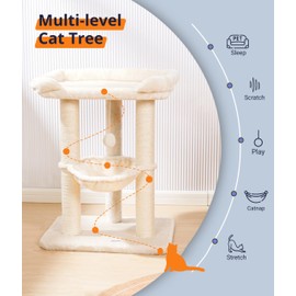 Happi N Pets 28" Cat Tree Tower for Indoor Cats Large, Tall Cat Scratching Post with Bed, Sisal Cat Scratcher with Soft Perch & Cozy Hammock, Stable Cat Stand, Removable Cover-Beige