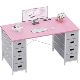 Pamray 47 Inch Computer Desk with 8 Fabric Drawers and Power Outlet PC Gaming Desk Home Office Study Work Writing Table for Bedroom Pink
