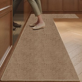 Kitchen Mats for Floor 2 Piece Washable Rugs Non Slip Kitchen Rug Sets, Absorbent Corner L Shaped Rug Runner Non Slip Kitchen Mat Set for Shower, Bathroom, Indoor Door (Khaki Rug, 31“×20“+51“×20“)