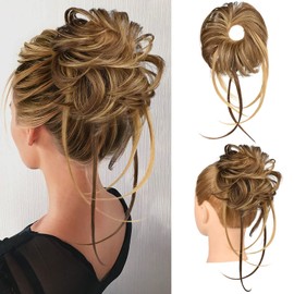 HOOJIH Messy Bun Hair Piece - Super Long Wavy Hair Wrap Ponytail Extensions, Wrap Scrunchies with Elastic Band - Grace - Medium Brown with Blonde Highlights