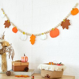 SUNBEAUTY Autumn Hanging Decorations Felt Pumpkin Maple Leaf Banner WIth Wood Beads Autumn Wooden Garland Orange Cream Thanksgiving Decoration For Fall Harvest Party Fireplace Home Wall Decor,5.9Ft