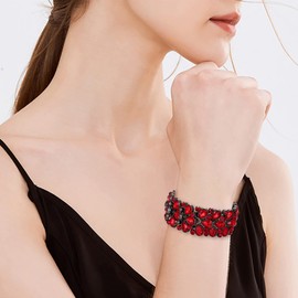 EVER FAITH Women's Art Deco Jewelry for Prom Round Austrian Crystal 3 Layer Teardrop Stretch Bracelet Red Black-Tone