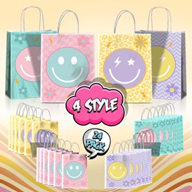 JOYGATHER 24 Pcs Smile Face Party Favors Bags with Handles, Pastel Goodie Bags, Gift Bags, Candy Bags with 4 Different Types, Groovy Kraft Paper Bags for Birthday Party Supplies Baby Shower Decorations