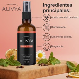 Alivya Movizen – Aceite para Masaje Corporal, Con Sensación Refrescante, Aceites Esenciales Puros, 60 ml