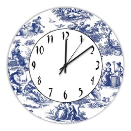 Mighun Navy Blue White Decorative Toile Print Round Wall Clock PVC Clock Silent Non Ticking Battery Operated Easy to Read for Student Office School Home Decorative Clock Art 15"