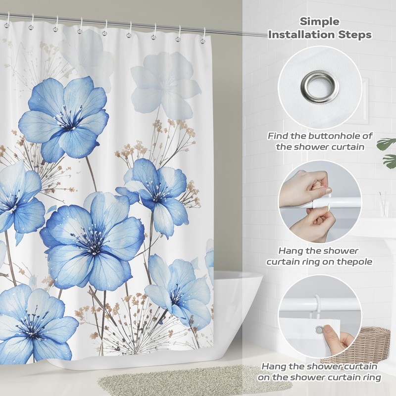 BREASOME Blue Watercolor Floral Shower Curatin Modern Artistic Flower Ink