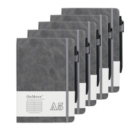 OnMove Notebooks Journal for Women Men 5 Pack Bulk Leather Hardcover with Pen Holder A5 160 Pages 100 GSM Thick Paper for Work School Lined Gray