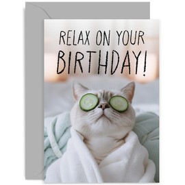 Male and Female Birthday Cards - Funny Cat Birthday Card for Him or Her - 'Relax' Birthday Card for Sister Daughter Wife Auntie Mum Female Best Friend - Cute Cat Birthday Card for Men Women