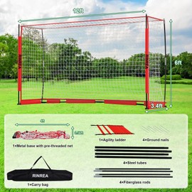 RINREA Portable Soccer Goal 12x6Ft, Collapsible Soccer Goal Net Metal Base, Quick Setup Soccer Training Equipment with 1 Carry Bag, 1 Agility Ladder, 4 Ground Nails (Red)