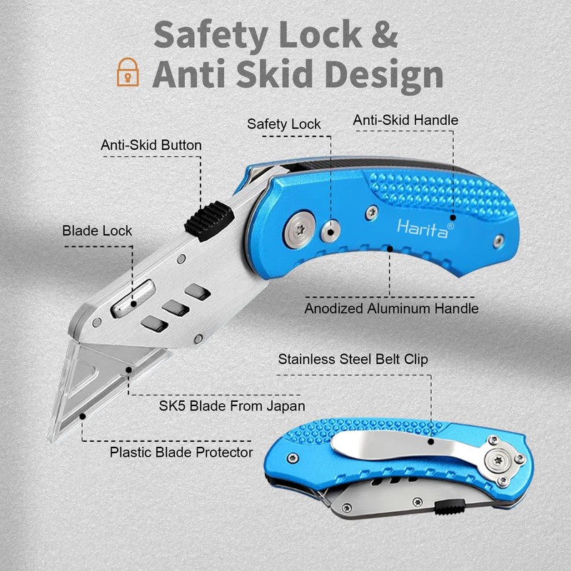 Harita Folding Utility Knife Box Cutter Quick Change Blades, Back-lock