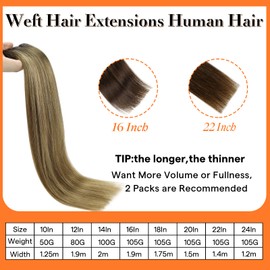 Full Shine Hair Extensions Sew in Human Hair Bundles Color 2/3/27 Brown Balayage Ombre Double Weft Hair Extensions for Women Real Human Hair 12 Inches