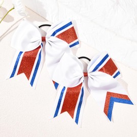 2PCS Large Glitter Cheer Bows 8" Hair Bows Sparkly Cheerleading Softball Team Bow Hair Ponytail Holder Accessories for cheerleaders football Competition Sports- White Red Blue