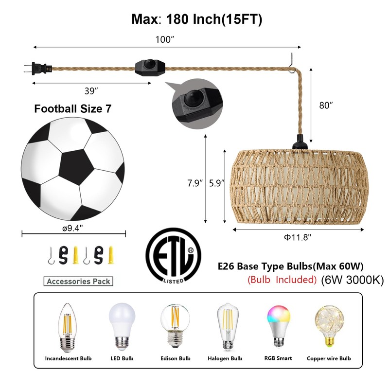 ALAISLYC Boho Rattan Pendant Lights Farmhouse 12 Inch Plug in