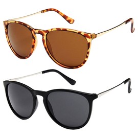 GWAWG 2 Pack Round Cat Eye Sunglasses, Women Ladies Designer Polarised Glasses, Fashion Lightweight Wrap Around UV400 Protection Shades for Travel Summer Beach Driving Fishing Golf