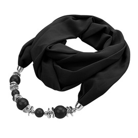 FakeFace Women Beads Pendant Chiffon Scarf Vintage Ethnic Neckerchief Shawl Wrap Infinity Scarves Necklace (Black)