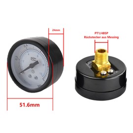 Pressure Gauge Water 0-10 Bar, Diameter: 50 mm, Compressed Air Pressure Gauge 1/4 BSP Brass Connection, for Compressed Air and Vacuum