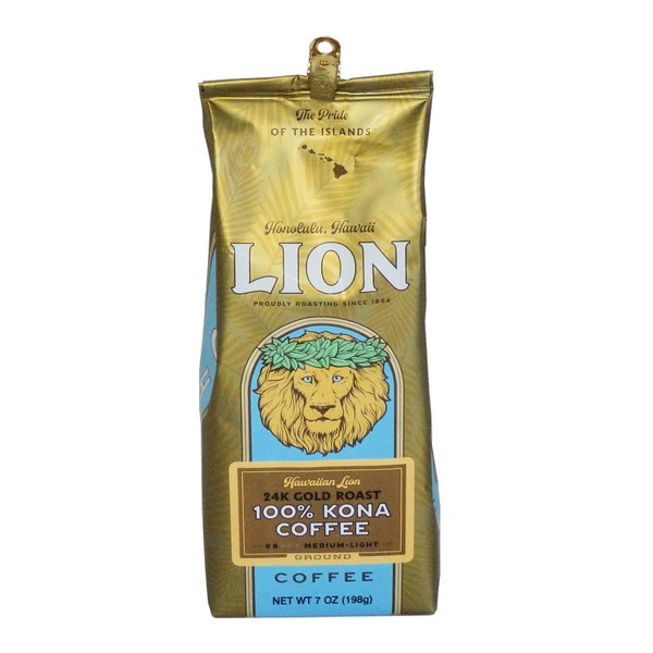 Lion Coffee 24K 100% Kona Gourmet Coffee (Ground, Light Medium Roast, 100% Kona Coffee Blend, 7oz Bag)