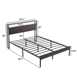 LoVinson Full Size Bed Frame with Charging Station, Metal Platform Bed Frame with LED Lights, Industrial Bed Frame with Headboard, Strong Metal Slats Support, Noise-Free, Easy Assembly, Grey