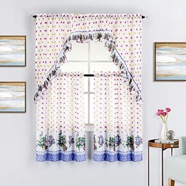 3-Piece Rod Pocket Printed Kitchen Curtain Swag Valance & Tiers Set, Flowers
