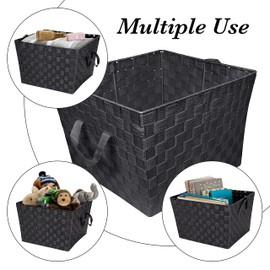 Simplify Large Woven Strap Tote | Decorative Storage Basket | 2 Handles | Organization | Closet | Bedroom | Bathroom | Nursery | Accessories | Toys | Gifts | 2 Pack | Black