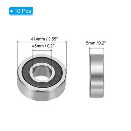 PATIKIL 0.2" x 0.55" x 0.2" 605-2RS Deep Groove Ball Bearing 10 Pack Double Rubber Sealed Bearings Pulley Bearing Wheel Skateboard Bearings