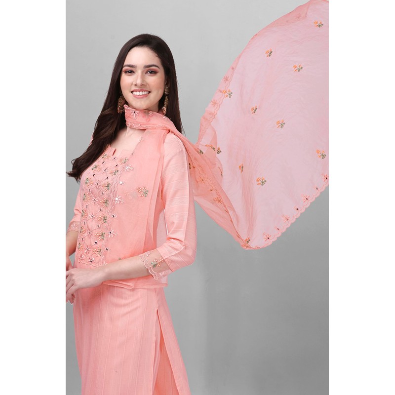 TRENDMALLS Women's Cotton Embroidery Kurta Pant Suit Set (TM.G103-LightPink-M)