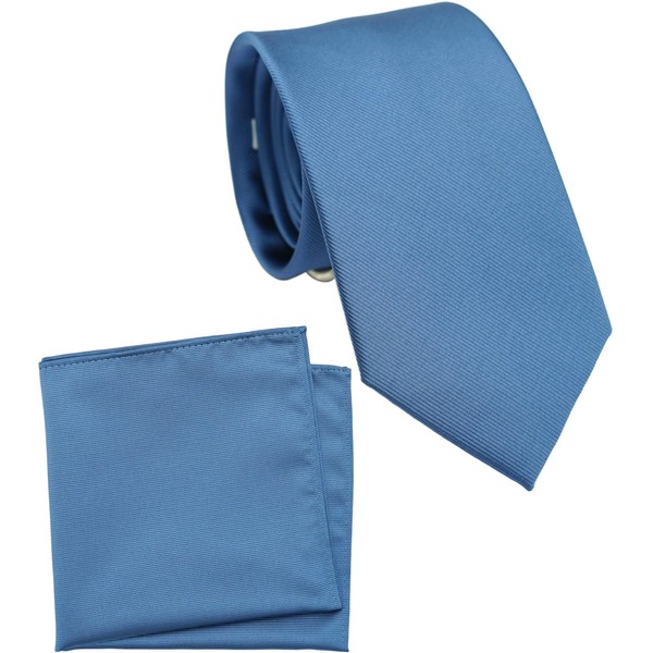 ZENXUS Regular Tie and Pocket Square Set, Solid Steel Blue