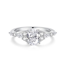 JEYHLOPX 1.5ct Oval Cut Moissanite Half Enternity Engagement Ring 18K White Gold Plated S925 Sterling Silver Wedding Women Ring For Her(S8)