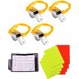 AORHOFJ Referee Card Set, Football Referee Cards with Whistle, 4 Stainless Steel Sports Whistles Referee with Lanyard 8 Yellow Red Card Football for Referees, Coaches, Football