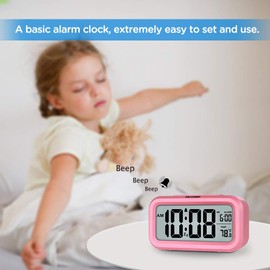 Peakeep Night Light Alarm Clock Battery Operated with Indoor Temperature, Desk Digital Clock for Kids Girls Bedrooms (Pink)