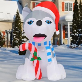 Factory Price 4 FT Inflatable Husky Dog Holding Candy Cane Outdoor Christmas Decoration with Built-Ins LEDs for Childrencolor: Dog, size: Large