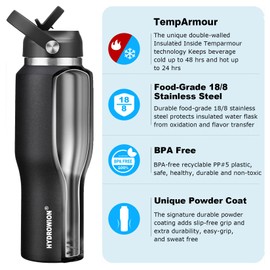 HYDROWION 40 oz Insulated Water Bottle with Straw fit in Car Cup Holder(Cold 48 hrs, Hot 24 hrs) Drinking Bottle with Straw Lid, Spout Lid and Flex Cap Leakproof Travel Thermo Mug，Black