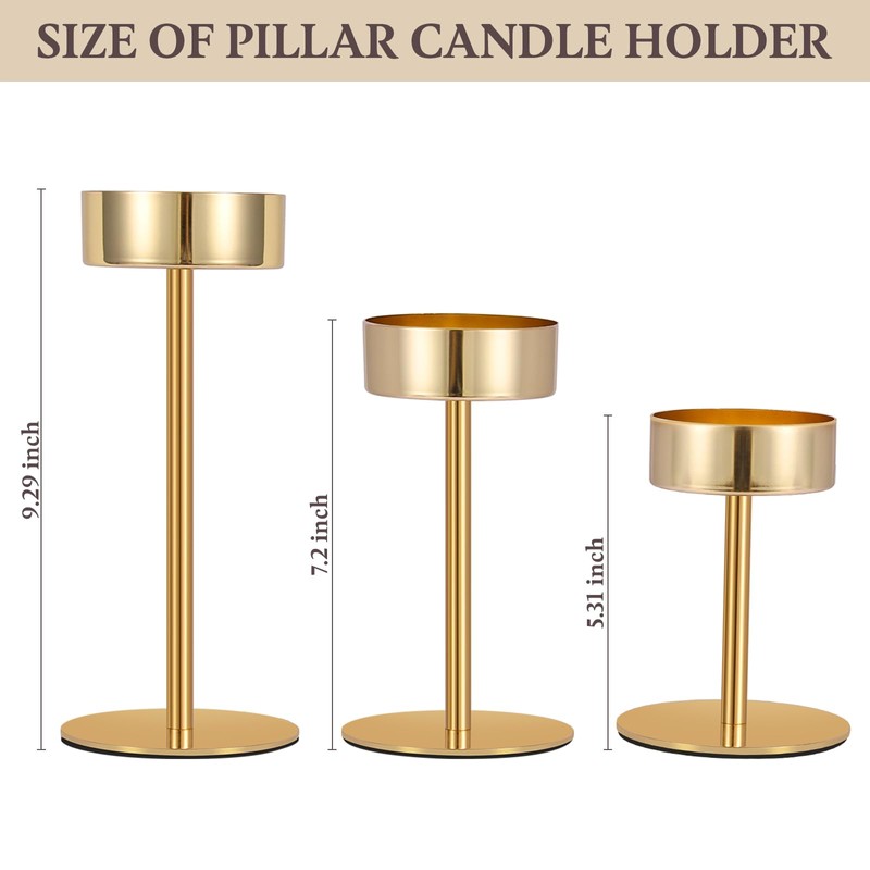 Pillar Candle Holders Set of 3, 3.15" Diameter Gold Candlestick