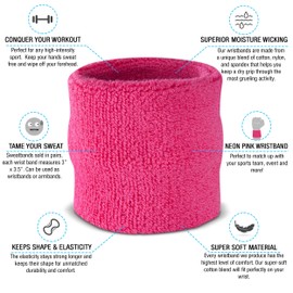 Suddora Kids Wrist Sweatband Also Available in Neon Colors - Athletic Cotton Terry Cloth Wristband for Sports (Pair) (Neon Pink)