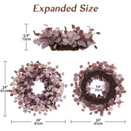 Artificial Eucalyptus Wreath Diameter 61 cm - Door Wreath with Grapevine Base, Decorative Wreath in Bordeaux - Artificial Wreath for Front Door, Wall Decoration, Window & Autumn Spring Decoration