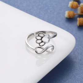 Puppy Pet Lovers Paw Print Ring Heart 925 Sterling Silver Adjustable Ring Pet Animal Jewelry Creative Pierced Love Dog Cat Claw Ring Pet Loving Friend Families Gifts, Sterling Silver