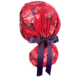 CALOMED Scrub Cap for Women and Men, Ponytail Scrub Caps, Working Hat, Head Cover with Ribbon Ties and Buttons, Long Hair, Pink Roses on Red, One Size