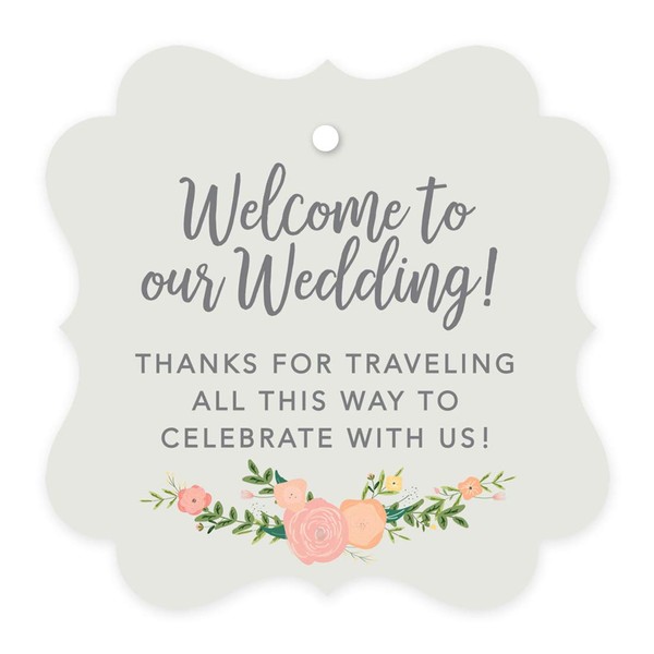 Andaz Press Out of Town Bags Fancy Frame Gift Tags, Welcome to Our Wedding Thanks for Traveling to Celebrate with Us, Classic Florals, 24-Pack, for Destination OOT Gable Boxes