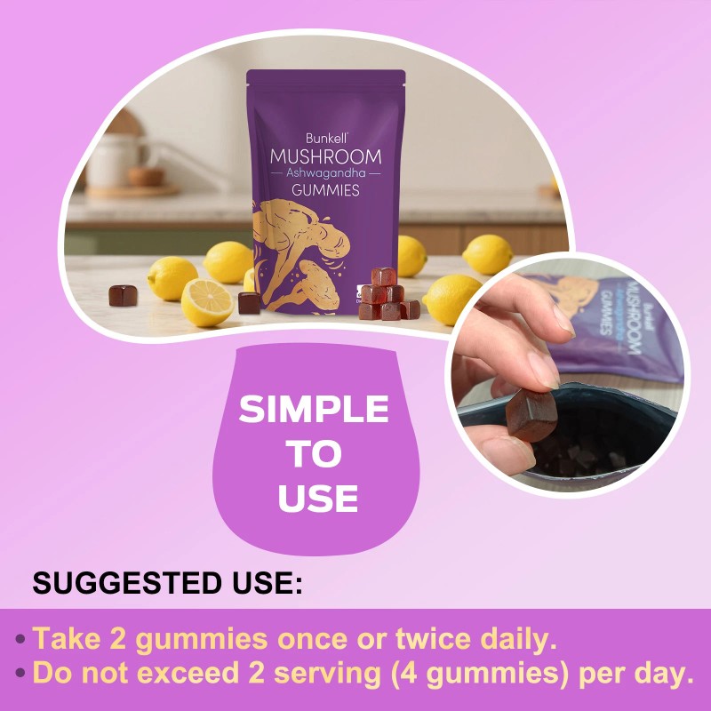 Bunkell Mushroom Gummies Supplement 2250mg with Ashwagandha Functional Gummies