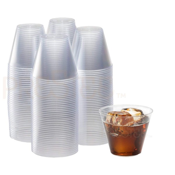 Prestee 200 Clear Plastic Cups - 9 Ounce, Hard Disposable Cups, Plastic Wine Cups, Plastic Cocktail Glasses, Plastic Drinking Cups, Plastic Party Punch Cups, Party Cups, Wedding Tumblers