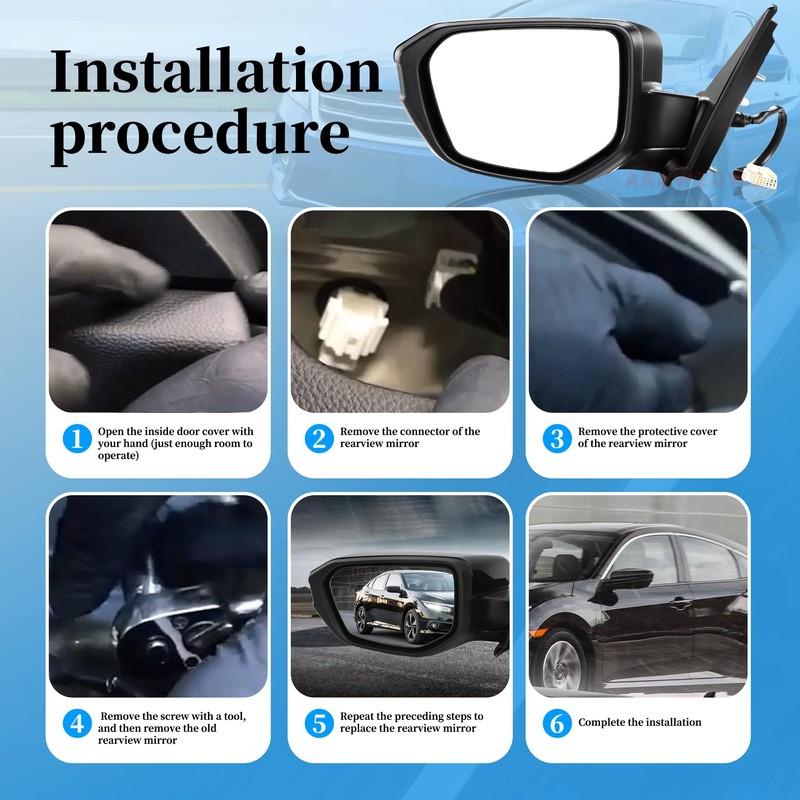 Black Left Driver Side Mirror Replacement For Honda Civic 2016-2021