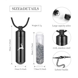 Deer Cylinder Urn Necklaces for Ashes Cremation Jewelry for Women Men Stainless Steel Memorial Necklace Ash Holder for Human Pets Keepsake Jewelry with Fill Tool,Black