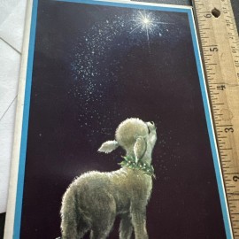 Vtg Christmas Card UNUSED Baby Lamb Looking at Sky Northern Star MCM W/env