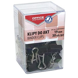 Office Products Foldback Clips 19 mm / Pack of 30 / Metal / Black / Silver / Resistant to Deformation / Paper Clips / Transparent Box