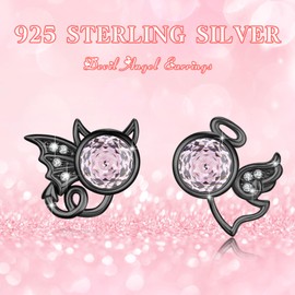 Angel and Devil Stud Earrings 925 Sterling Silver Cubic Zirconia Rose Cut Stud Earrings Jewellery Hypoallergenic Angel and Devil Earrings Christmas for Girls Women (Light Pink), Sterling Silver, Cubic