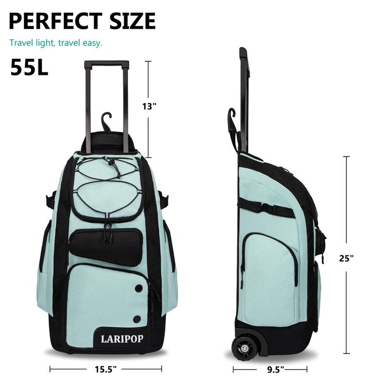 LARIPOP Rolling Baseball Bag Wheeled Softball Backpack, 55L Bat Bag