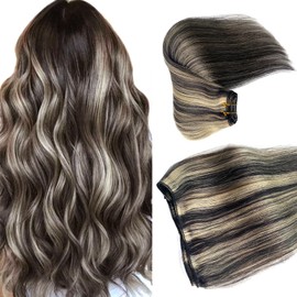 Sew In Real Human Hair Extensions, 18 Inch 100G Weft, Natural Black to Blonde Highlights, Weave Bundles for Women